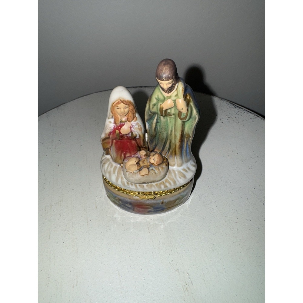 Christmas Nativity Scene Virgin Mary Joseph Baby Jesus Hinged Trinket Box